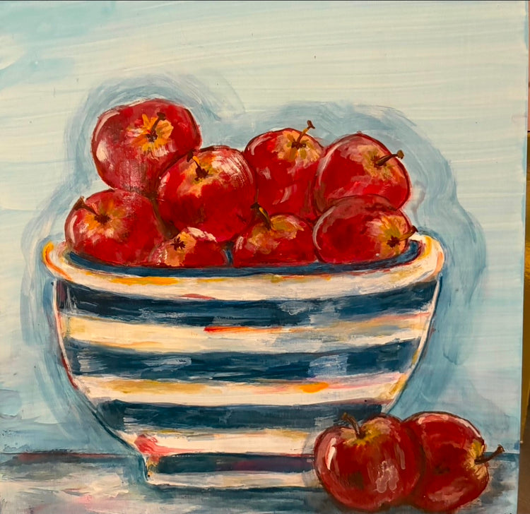 Aunt Debbie Painting #4 (apples in blue/white bowl)