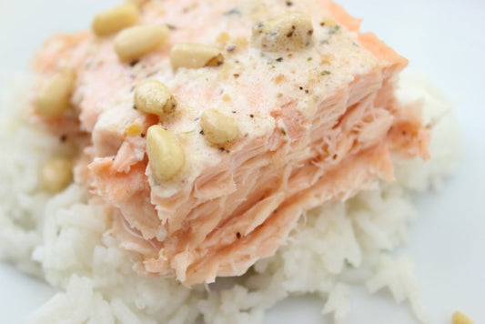 Salmon with Garlic Butter and Pine Nuts