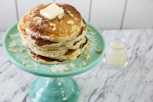 Banana Macadamia Nut  Pancakes with Coconut Syrup