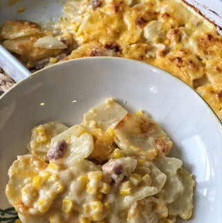 Cheesy Scalloped Potatoes with Ham & Corn