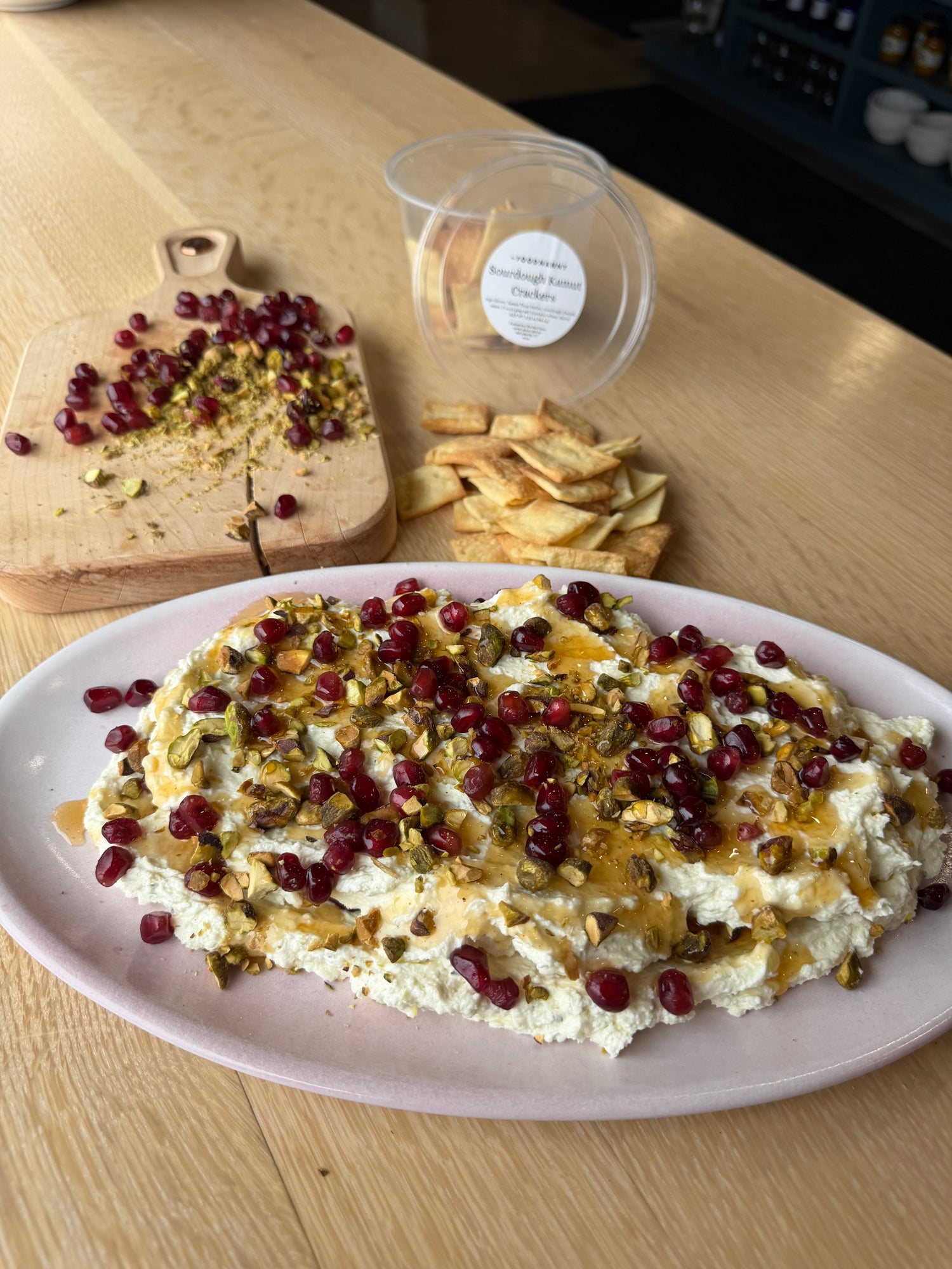 Food Nanny's Layered Whipped Feta with Hot Honey, Pomegranates & Pistachios
