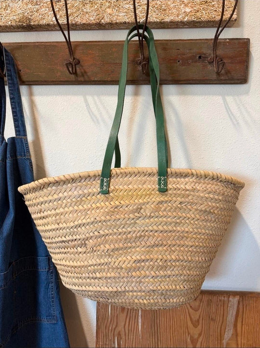 Basket Green Long Flat Leather Handle