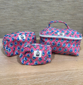 Cosmetic Bag, Pink with Blue Floral (3 Piece Set)