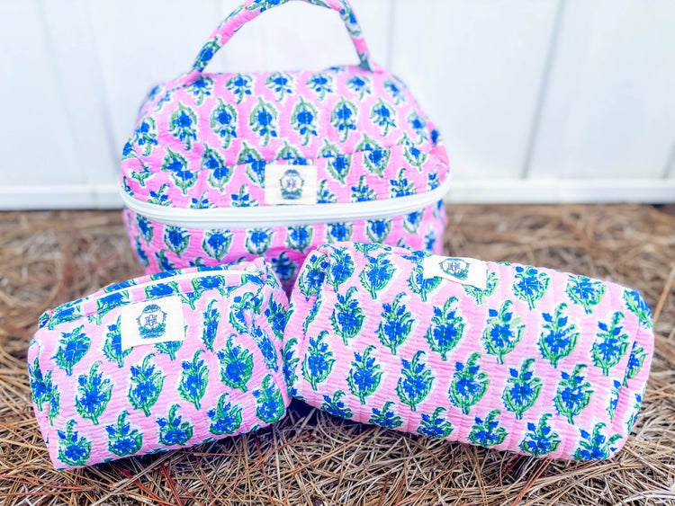 Cosmetic Bag, Pink with Blue Floral (3 Piece Set)