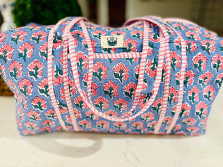 Duffle Bag, Light Blue with Pink Floral Large