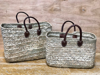 Basket braided weave dark brown short round handle box